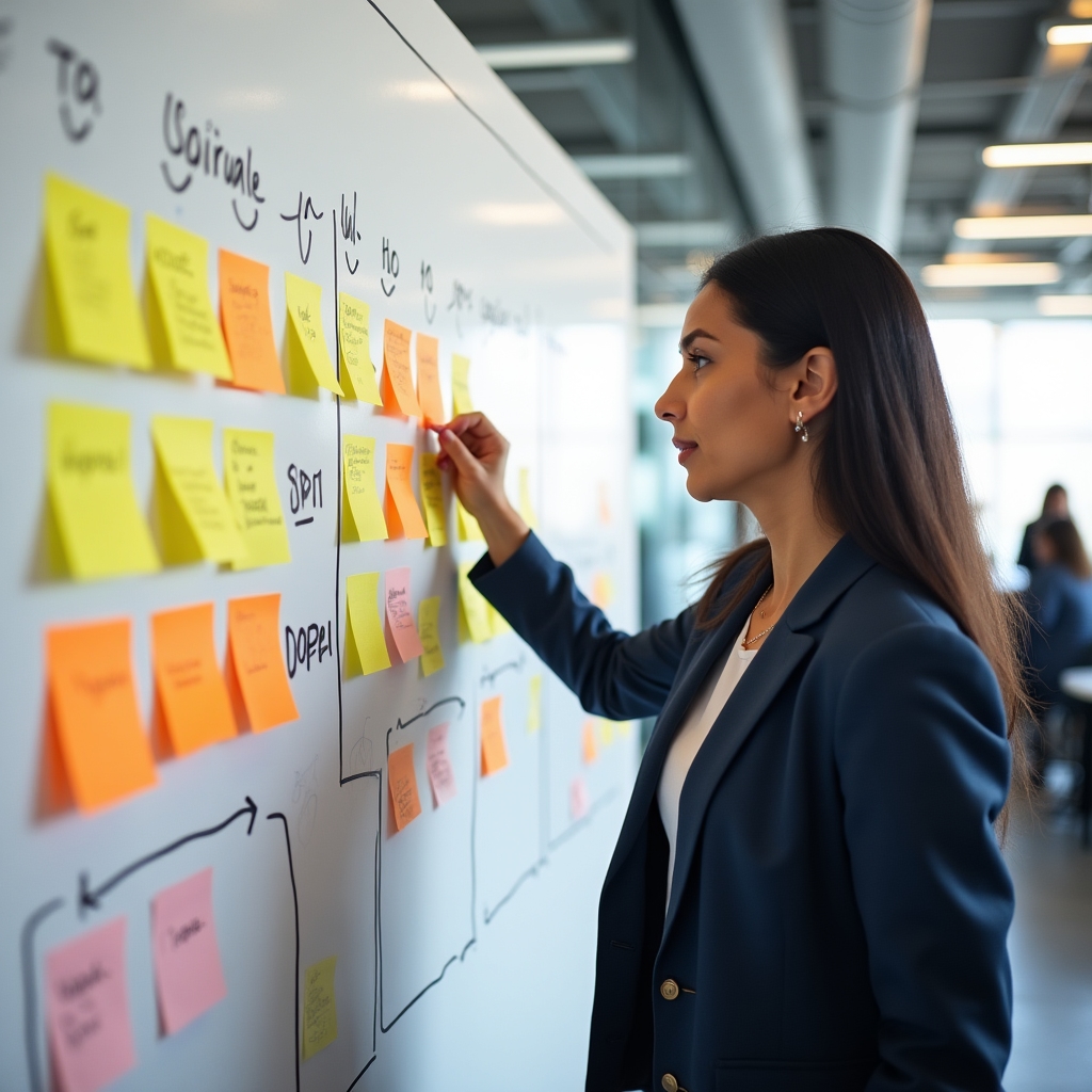 Planificare pe tablă Agile cu sticky notes și diagrame de proiect