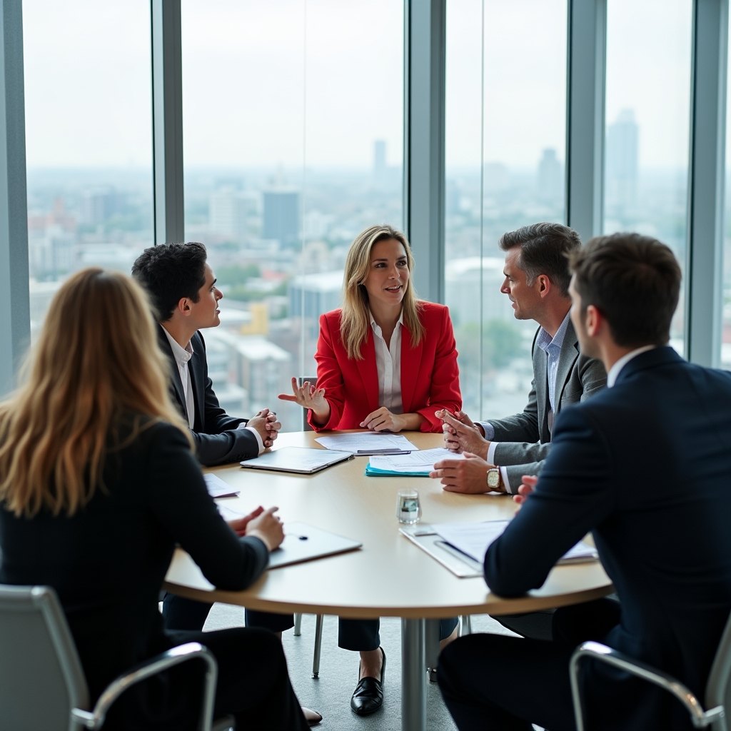 Echipă diversă discutând într-o sală de conferințe modernă cu ferestre mari