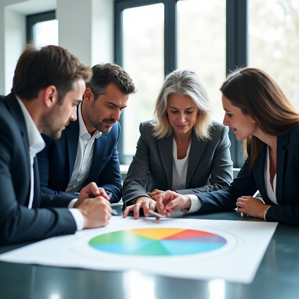 Echipă evaluând riscuri de proiect la o masă de conferințe