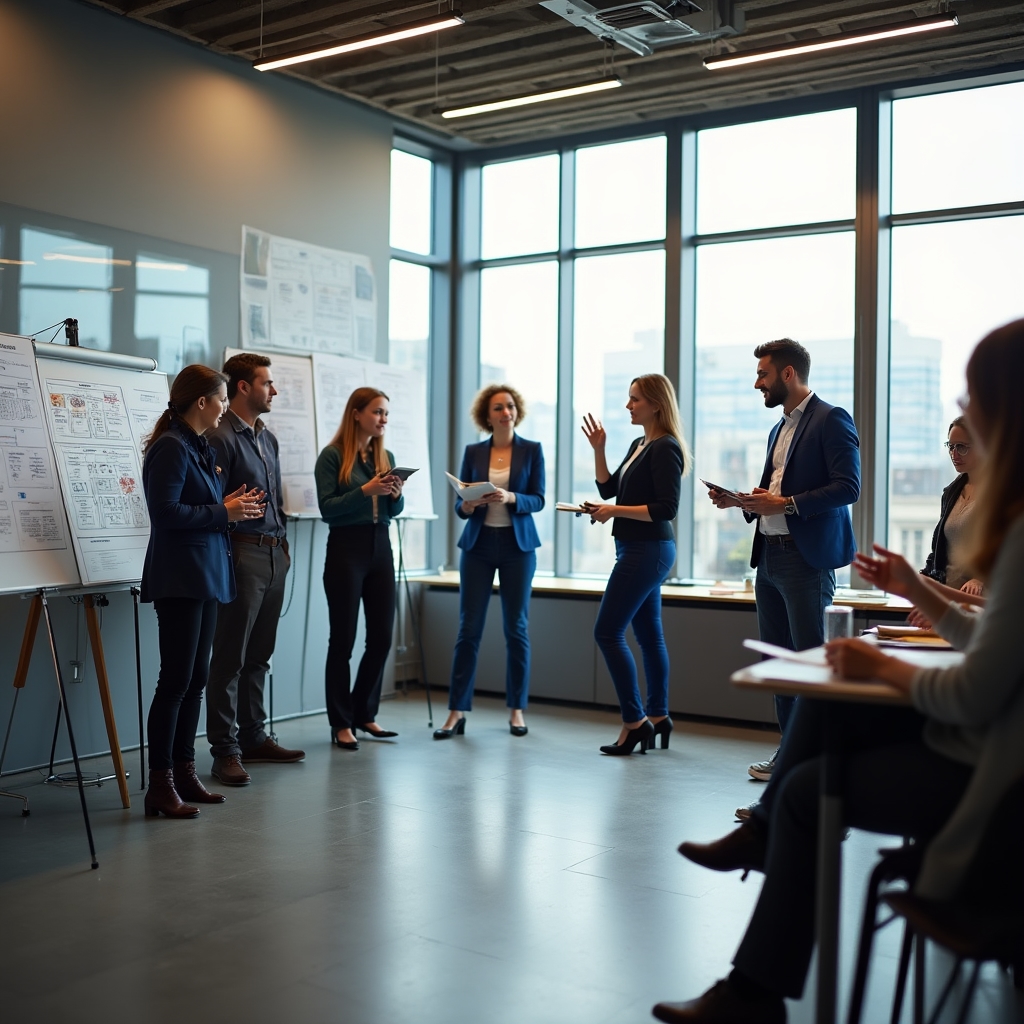 Echipă energică la un workshop de management de proiect